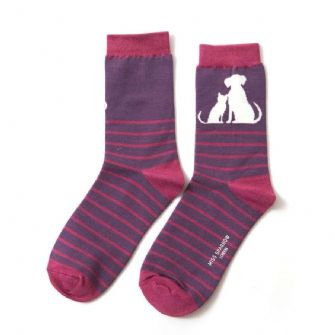Miss Sparrow Cat and Dog Striped Socks Purple